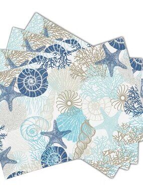 Set of 4 Ocean Themed Placemats Beach Ocean Designs w/ Starfish Seashell Corals